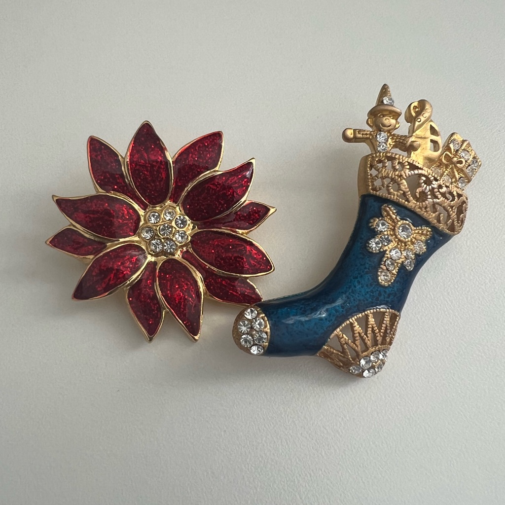Vintage Festive Red Poinsettia And Blue Stocking Holiday Brooch Set